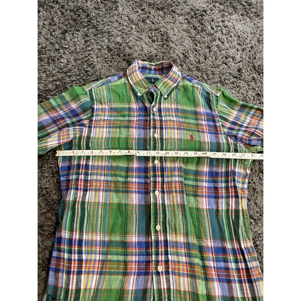 Polo Ralph Lauren Shirt short-sleeve green plaid linen button-down Mens L